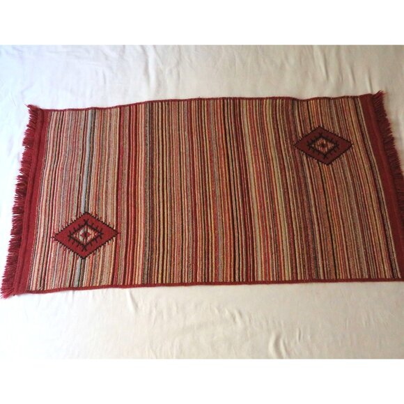 Hand Woven Reversible Red Multicolor Wool Rug with Diamond Pattern Fringed Edge - Picture 7 of 13